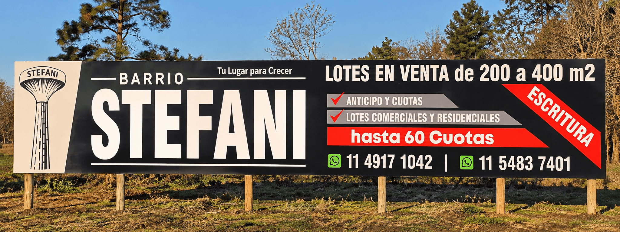 Cartel de Barrio Stefani: lotes en venta de 200 a 400 m², anticipo y hasta 60 cuotas, escritura